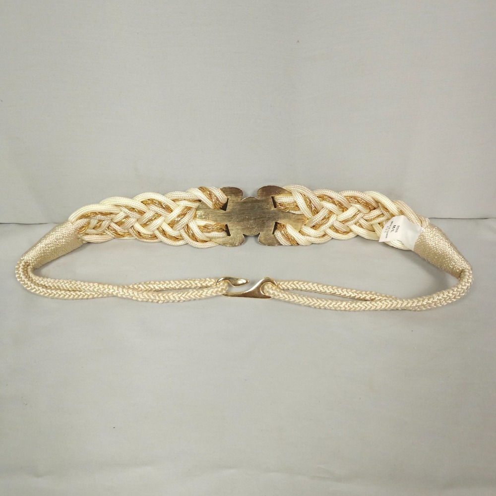 Vintage Braided Rope Cinch Belt Women M / L Gold Ivory White Faux Pearl Glam - Picture 6 of 12